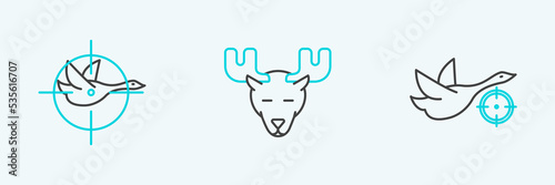 Set line Hunt on duck with crosshairs, and Moose head horns icon. Vector