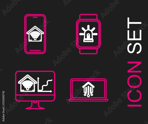 Set line Laptop with smart home, Computer monitor wi-fi, Smart watch house and alarm and Mobile phone icon. Vector