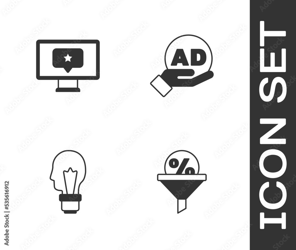 Set Lead management, Monitor with star, Light bulb concept of idea and Advertising icon. Vector Set Lead management, Monitor with star, Light bulb concept of idea and Advertising icon. Vector