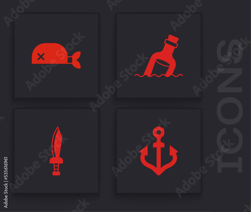 Set Anchor, Pirate bandana for head, Bottle with message in water and sword icon. Vector