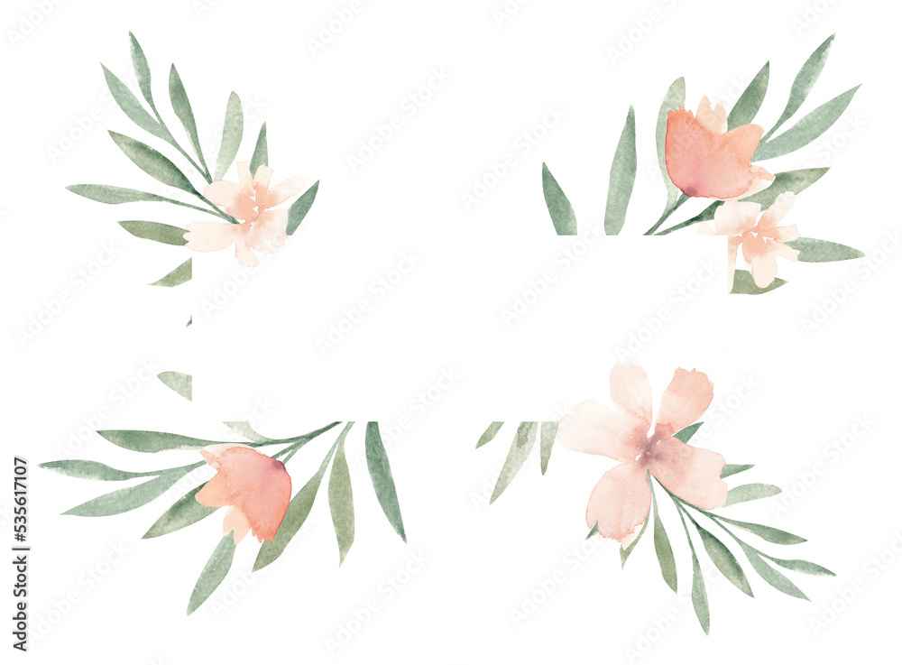 Pastel beige exotic tropical floral border in loose watercolor style. Peach color flower frame isolated on white background, banner, wedding invitation, greeting card, bridal shower, baby shower