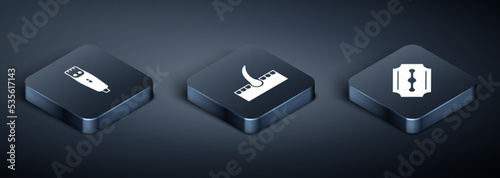 Set Isometric Hair clipper, Blade razor and Human hair follicle icon. Vector