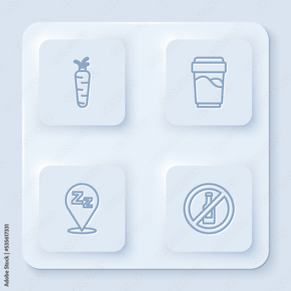 Set line Carrot, Glass with water, Sleepy and No alcohol. White square button. Vector Set line Carrot, Glass with water, Sleepy and No alcohol. White square button. Vector