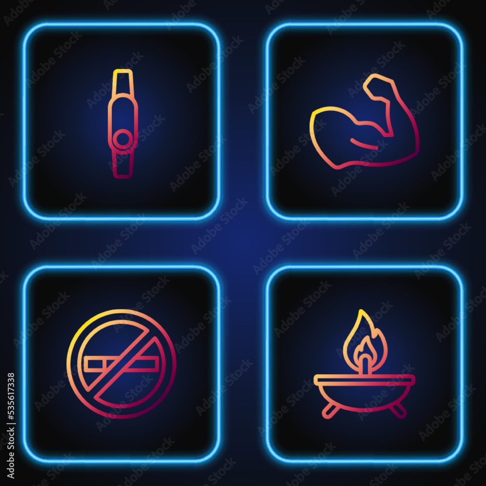 Set line Aroma candle, No Smoking, Smartwatch and Bodybuilder muscle. Gradient color icons. Vector Set line Aroma candle, No Smoking, Smartwatch and Bodybuilder muscle. Gradient color icons. Vector