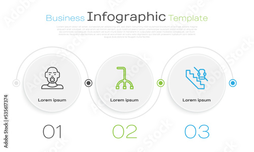 Set line Head of deaf and dumb, Walking stick cane and Disabled elevator. Business infographic template. Vector