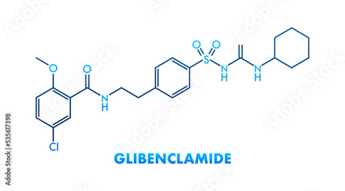 Glibenclamide concept chemical formula icon label, text font vector illustration