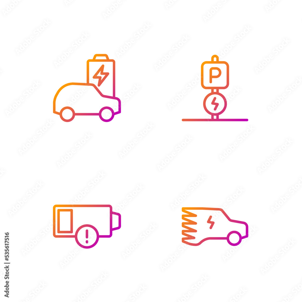 Set line Electric car, Low battery, and Charging parking electric. Gradient color icons. Vector Set line Electric car, Low battery, and Charging parking electric. Gradient color icons. Vector