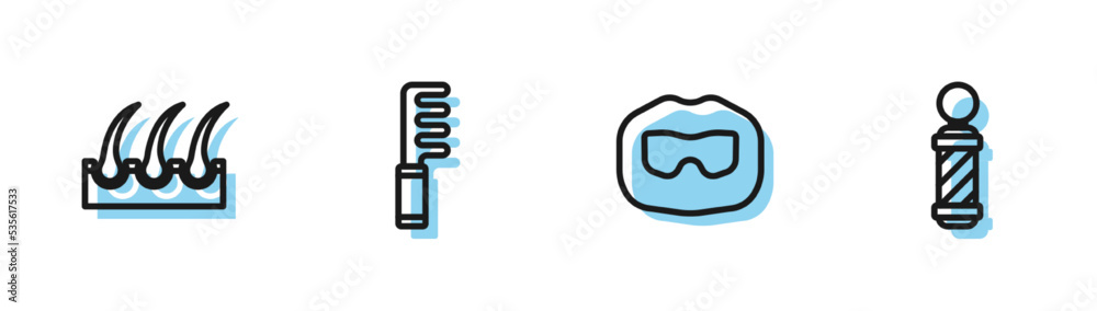 Set line Mustache and beard, Human hair follicle, Hairbrush and Classic Barber shop pole icon. Vector Set line Mustache and beard, Human hair follicle, Hairbrush and Classic Barber shop pole icon. Vector