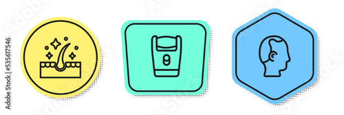 Set line Oil for hair care treatment, Electric razor blade and Baldness. Colored shapes. Vector