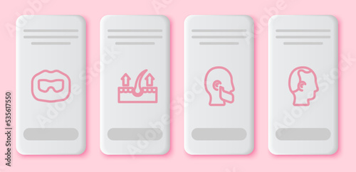 Set line Mustache and beard, Human hair follicle, and Baldness. White rectangle button. Vector