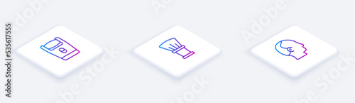 Set Isometric line Electric razor blade, Shaving brush and Baldness. White square button. Vector