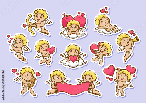 Vector set of cute colorful cupids stickers with hearts. Small angels with wings bow heart hunters fly in the sky. Sticker collection of various angels or cupids printable template a4