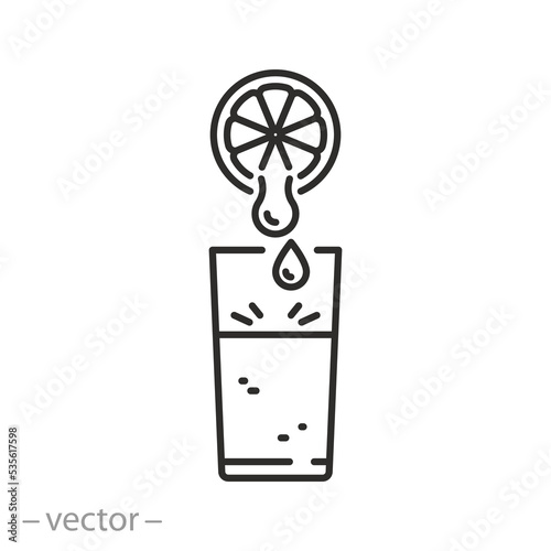fruit juice icon, fresh lemonade glass, citrous drink, squeeze orange or lemon, thin line symbol on white background - editable stroke vector illustration eps10