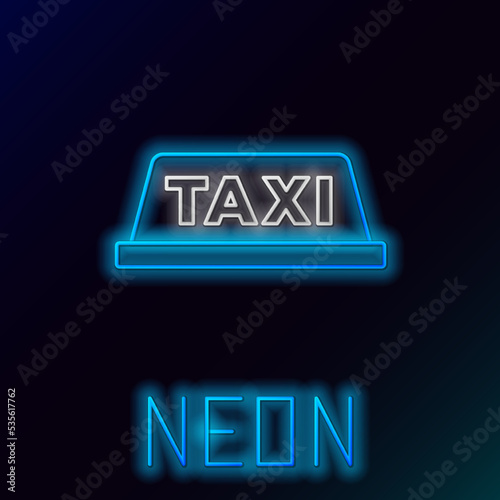 Glowing neon line Taxi car roof icon isolated on black background. Colorful outline concept. Vector