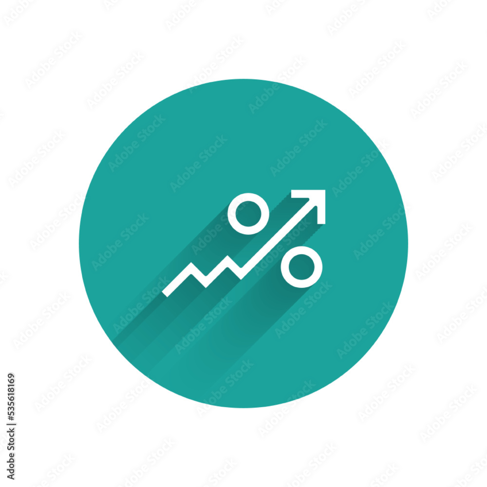White Percent up arrow icon isolated with long shadow. Increasing percentage sign. Green circle button. Vector White Percent up arrow icon isolated with long shadow. Increasing percentage sign. Green circle button. Vector