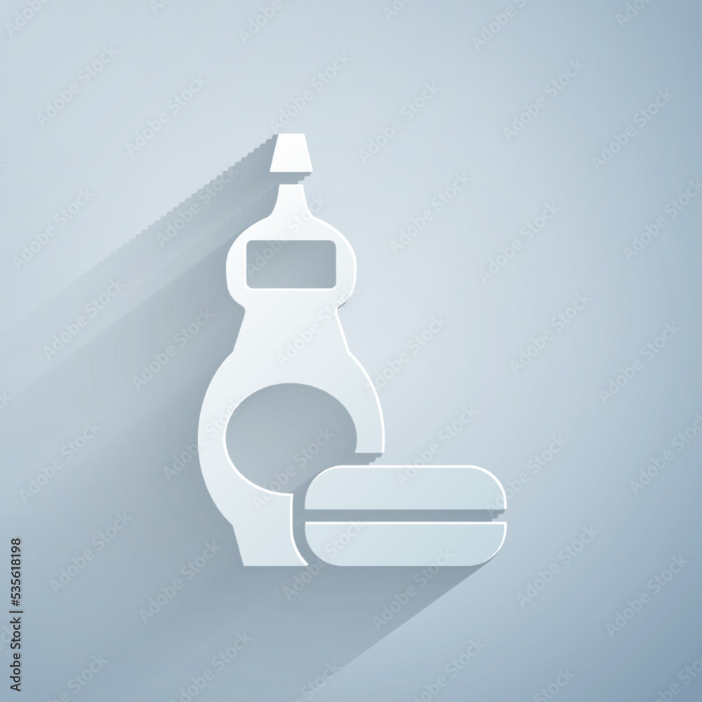 Paper cut Dishwashing liquid bottle icon isolated on grey background. Liquid detergent for washing dishes. Paper art style. Vector Paper cut Dishwashing liquid bottle icon isolated on grey background. Liquid detergent for washing dishes. Paper art style. Vector