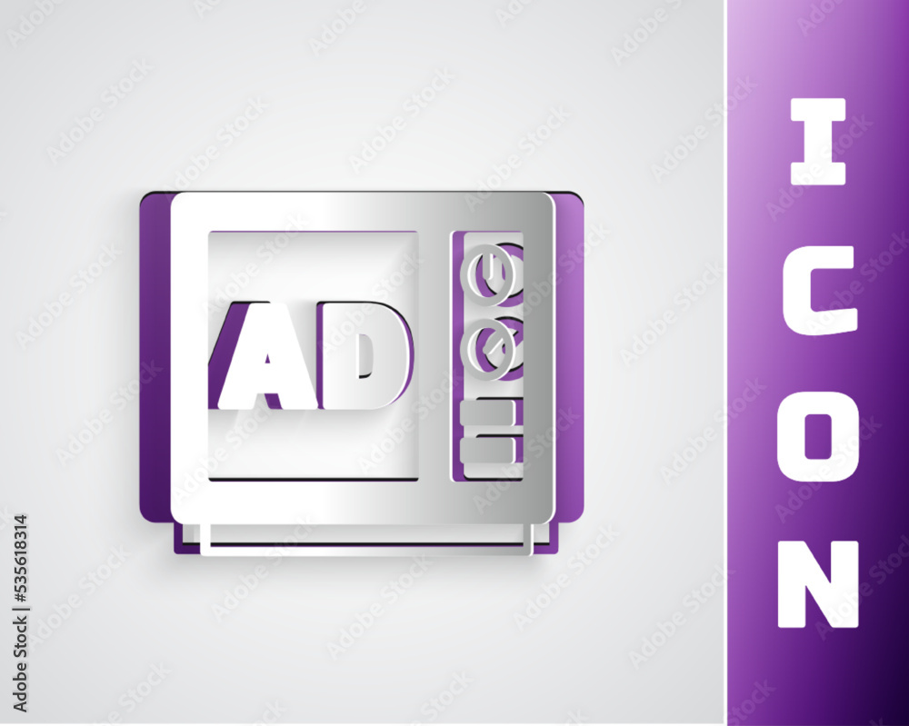 Paper cut Advertising icon isolated on grey background. Concept of marketing and promotion process. Responsive ads. Social media advertising. Paper art style. Vector Paper cut Advertising icon isolated on grey background. Concept of marketing and promotion process. Responsive ads. Social media advertising. Paper art style. Vector