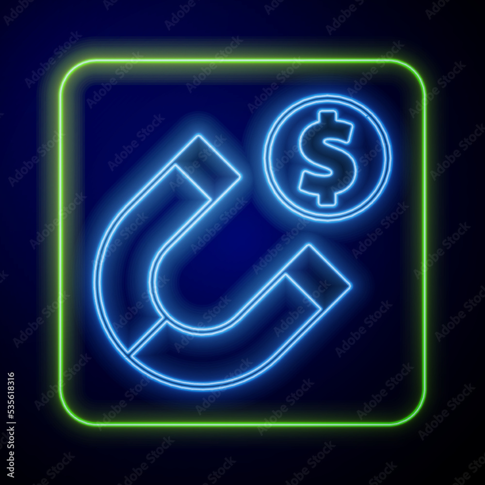 Glowing neon Magnet with money icon isolated on blue background. Concept of attracting investments. Big business profit attraction and success. Vector Glowing neon Magnet with money icon isolated on blue background. Concept of attracting investments. Big business profit attraction and success. Vector