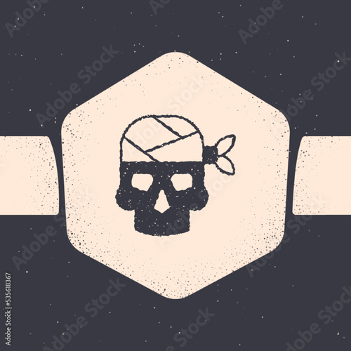 Grunge Pirate captain icon isolated on grey background. Monochrome vintage drawing. Vector
