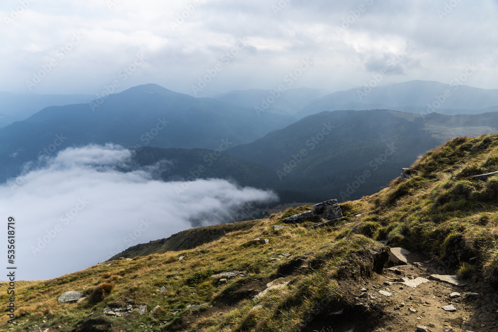 Foggy day in the autumn mountains