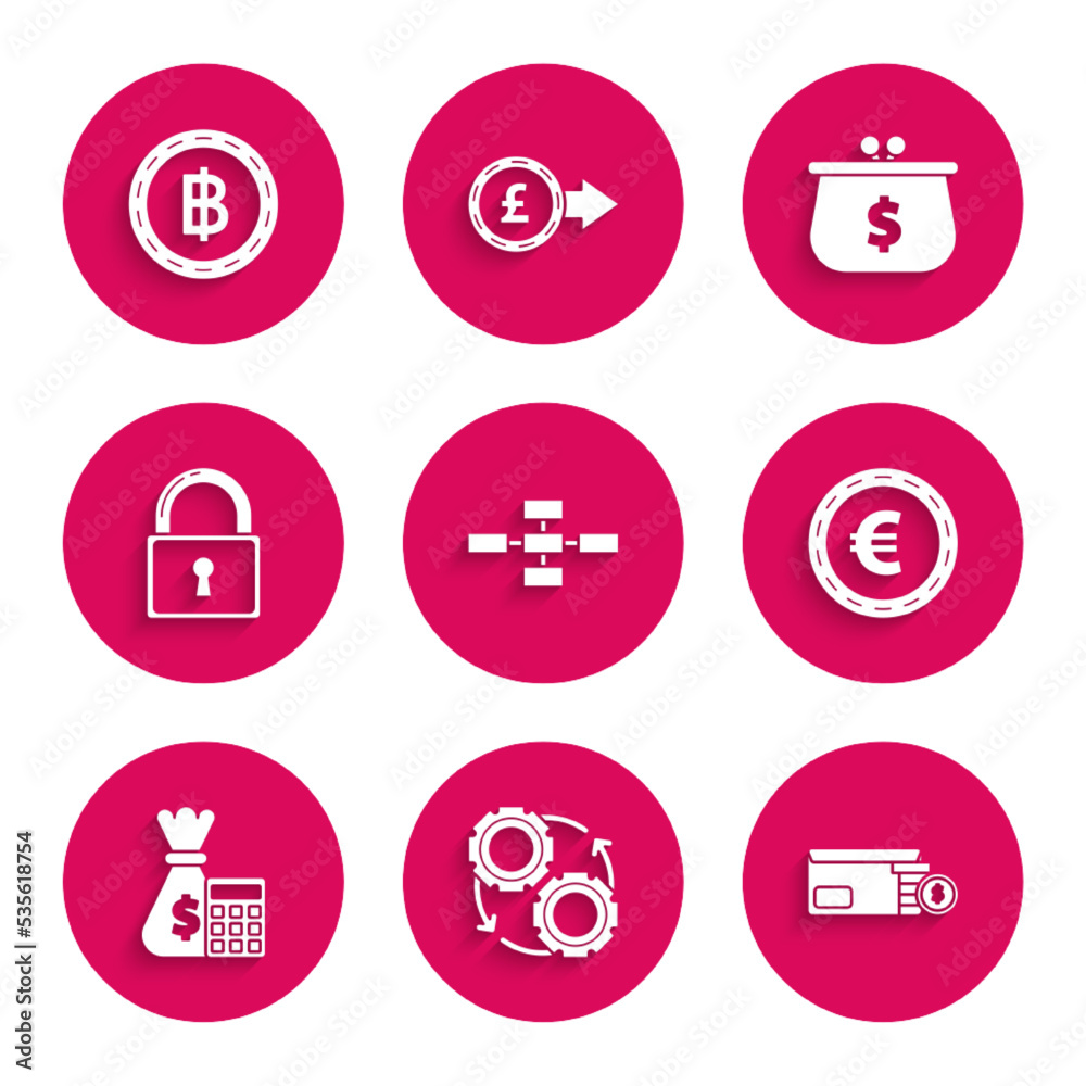 Set Business hierarchy organogram chart infographics, Envelope with coin dollar symbol, Coin money euro, Calculator bag, Lock, Wallet and Cryptocurrency Bitcoin icon. Vector