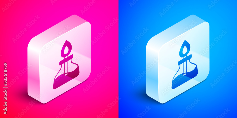 Isometric Alcohol or spirit burner icon isolated on pink and blue background. Chemical equipment. Silver square button. Vector Isometric Alcohol or spirit burner icon isolated on pink and blue background. Chemical equipment. Silver square button. Vector