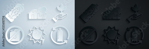 Set Solar energy panel, Plant in hand of environmental protection, No canister for gasoline, Recycling plastic bottle, Eco friendly house and Stop ocean pollution icon. Vector