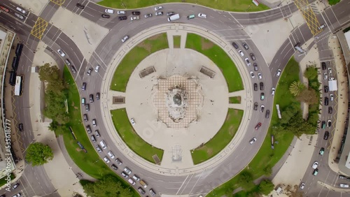 Aerial view of Marquis of Pombal Square (Praca do Marques de Pombal), Lisbon, Portugal. The bronze statue of Sebastiao Jose de Carvalho e Melo, better known as the Marquês of Pombal. Cinematic 4K photo