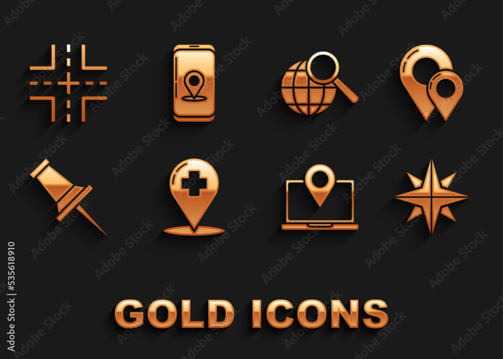 Set Medical map pointer with cross hospital, Map pin, Wind rose, Laptop location marker, Push, Magnifying glass globe, Road traffic sign and Infographic of city navigation icon. Vector Set Medical map pointer with cross hospital, Map pin, Wind rose, Laptop location marker, Push, Magnifying glass globe, Road traffic sign and Infographic of city navigation icon. Vector