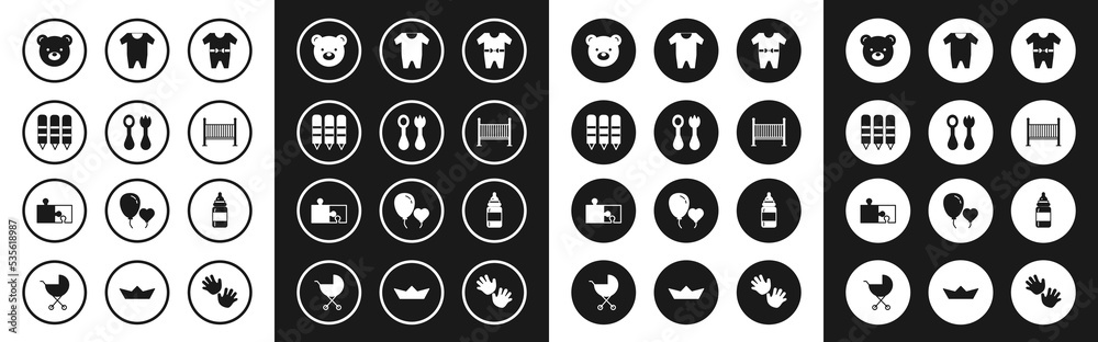 Set Baby clothes, cutlery with fork and spoon, Wax crayons drawing, Teddy bear plush toy, crib cradle bed, bottle and Piece of puzzle icon. Vector Set Baby clothes, cutlery with fork and spoon, Wax crayons drawing, Teddy bear plush toy, crib cradle bed, bottle and Piece of puzzle icon. Vector