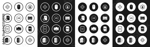 Set Project team base, Virtual reality, File document, Processor, Laptop, Computer mouse, Hard disk drive HDD and Tablet with text 5k icon. Vector