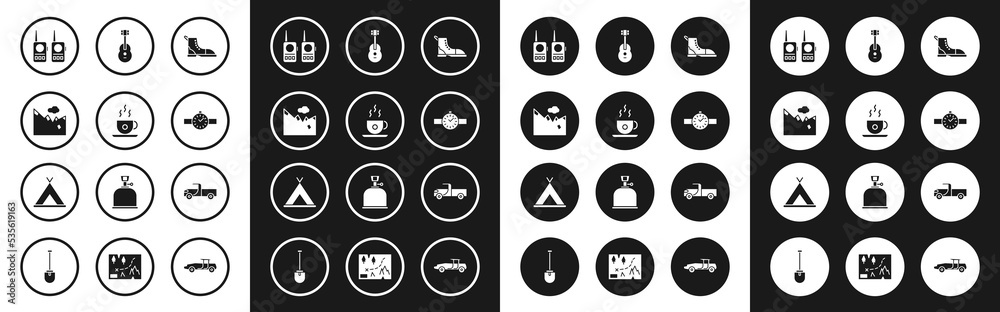 Set Hiking boot, Coffee cup, Mountains, Walkie talkie, Wrist watch, Guitar, Pickup truck and Tourist tent icon. Vector
