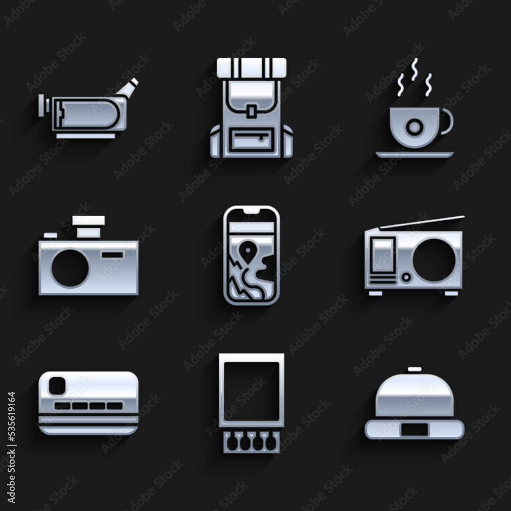 Set City map navigation, Open matchbox and matches, Beanie hat, Radio with antenna, Credit card, Photo camera, Coffee cup and Cinema icon. Vector Set City map navigation, Open matchbox and matches, Beanie hat, Radio with antenna, Credit card, Photo camera, Coffee cup and Cinema icon. Vector