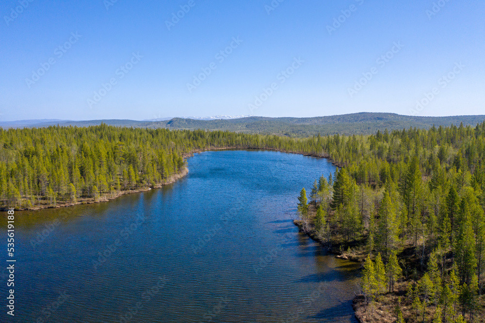 Top view of a large lake in the Arctic on the border of Russia and Norway