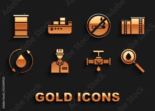 Set Oilman, industrial factory building, drop, Broken pipe with leaking water, No Smoking, Barrel oil and tanker ship icon. Vector