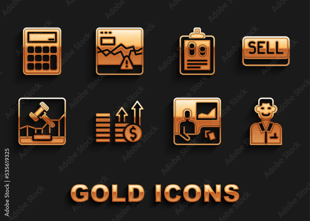 Set Financial growth and dollar, Sell button, Trader, Trading courses, Online internet auction, Business finance report, Calculator and Failure stocks market icon. Vector Set Financial growth and dollar, Sell button, Trader, Trading courses, Online internet auction, Business finance report, Calculator and Failure stocks market icon. Vector