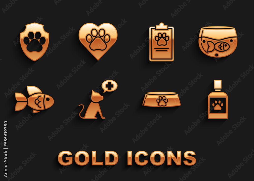 Set Veterinary clinic symbol, Dog medicine bottle, Pet food bowl for cat or dog, Fish, Clipboard medical clinical record pet, Animal health insurance and Heart animals footprint icon. Vector Set Veterinary clinic symbol, Dog medicine bottle, Pet food bowl for cat or dog, Fish, Clipboard medical clinical record pet, Animal health insurance and Heart animals footprint icon. Vector