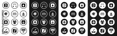 Set Water drop, Test tube and flask, Molecule, Bacteria, on fire, and Salt stone icon. Vector