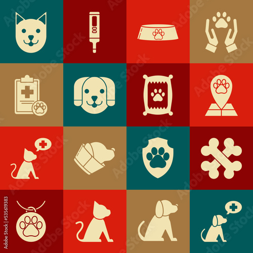 Set Veterinary clinic symbol, Crossed bones, Map pointer with veterinary medicine hospital, Pet food bowl for cat or dog, Dog, Clipboard medical clinical record pet, Cat and Bag of icon. Vector