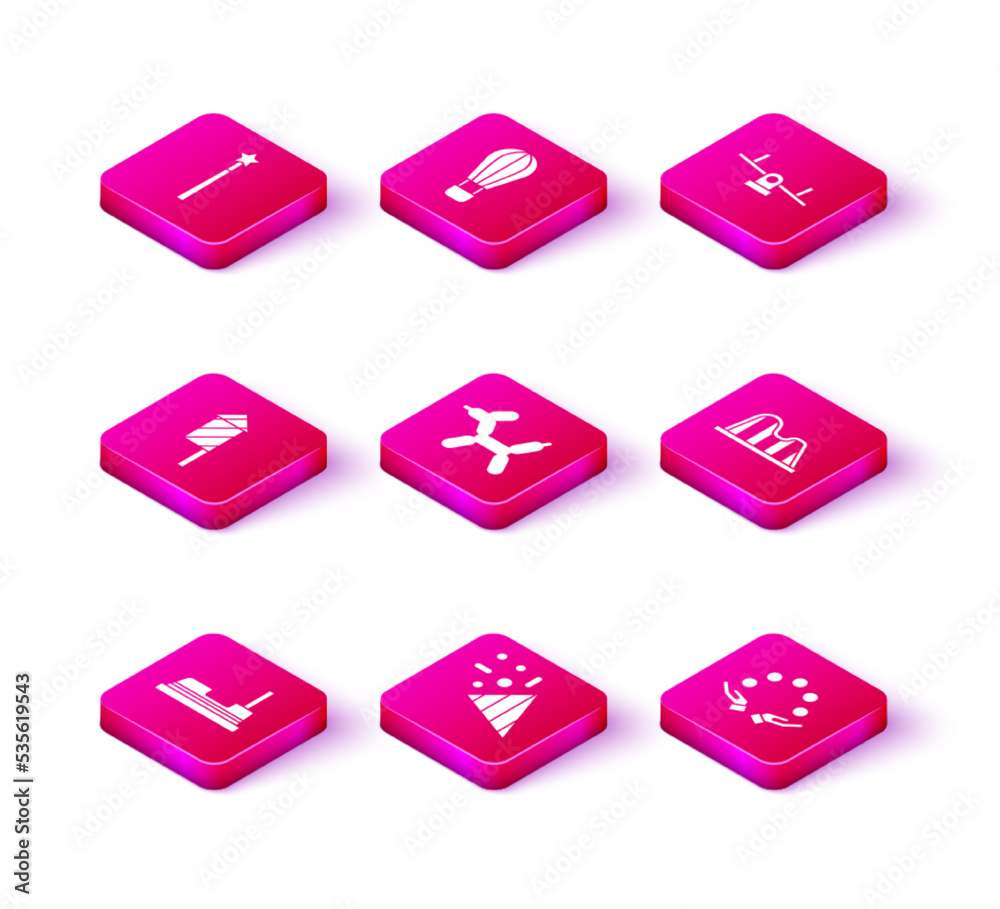 Set Bumper car, Festive confetti, Firework rocket, Balloon dog, Juggling ball, Roller coaster, Seesaw and Hot air balloon icon. Vector Set Bumper car, Festive confetti, Firework rocket, Balloon dog, Juggling ball, Roller coaster, Seesaw and Hot air balloon icon. Vector