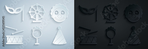 Set Circus fire hoop, Clown head, Drum with drum sticks, Party hat, Ferris wheel and Festive mask icon. Vector