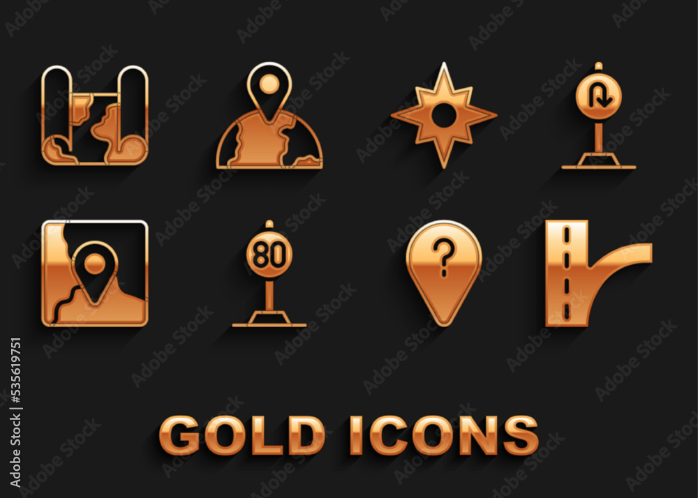 Set Speed limit traffic, Turn back road sign, Road, Unknown route point, Folded map with location marker, Wind rose, and Location the globe icon. Vector Set Speed limit traffic, Turn back road sign, Road, Unknown route point, Folded map with location marker, Wind rose, and Location the globe icon. Vector