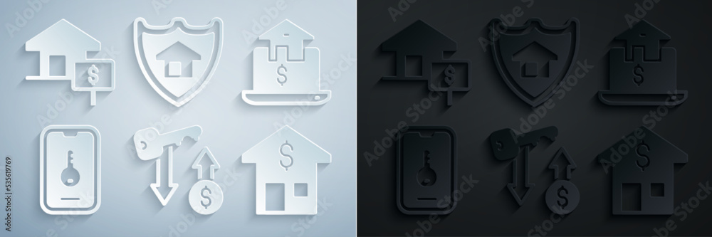 Set Rent key, Online real estate, House with dollar, shield and icon. Vector Set Rent key, Online real estate, House with dollar, shield and icon. Vector