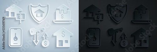 Set Rent key, Online real estate, House with dollar, shield and icon. Vector