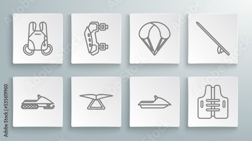 Set line Snowmobile, Knee pads, Hang glider, Jet ski, Life jacket, Parachute, Surfboard and icon. Vector