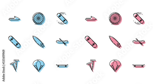 Set line Pegs for tents, Parachute, Jet ski, Skateboard, Surfboard, Rafting boat, trick and Bicycle wheel icon. Vector