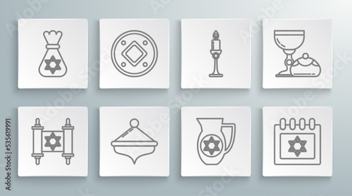 Set line Torah scroll, Jewish coin, Hanukkah dreidel, Decanter with star of david, calendar, Burning candle candlestick, goblet hanukkah sufganiyot and money bag icon. Vector