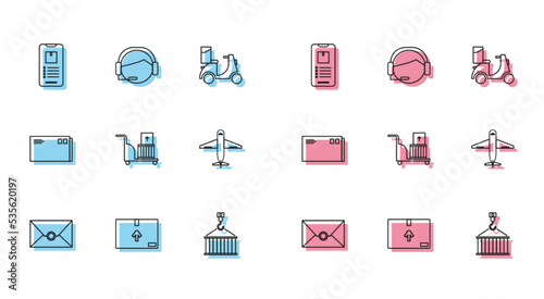 Set line Envelope, Cardboard box with traffic symbol, Mobile phone app delivery tracking, Container crane, Electric hand truck and boxes, Plane, and Support operator touch icon. Vector