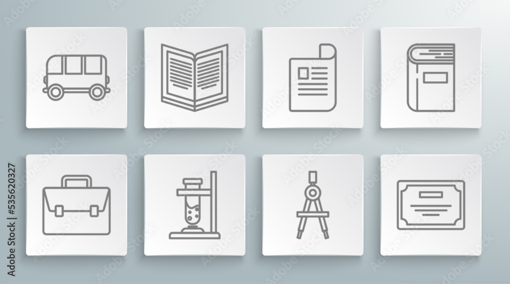 Set line Briefcase, Open book, Glass test tube flask on fire, Drawing compass, Certificate template, Document, Book and School Bus icon. Vector Set line Briefcase, Open book, Glass test tube flask on fire, Drawing compass, Certificate template, Document, Book and School Bus icon. Vector