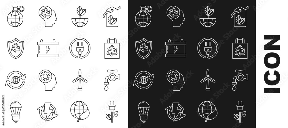 Set line Electric saving plug in leaf, Water tap, Paper shopping bag with recycle, Earth globe and, Car battery, Recycle symbol inside shield, Planet earth recycling and icon. Vector Set line Electric saving plug in leaf, Water tap, Paper shopping bag with recycle, Earth globe and, Car battery, Recycle symbol inside shield, Planet earth recycling and icon. Vector